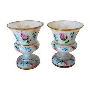 Pair Vtg Bohemian Czech Cased Glass Vase Set White Painted Pink Roses -CHIP READ